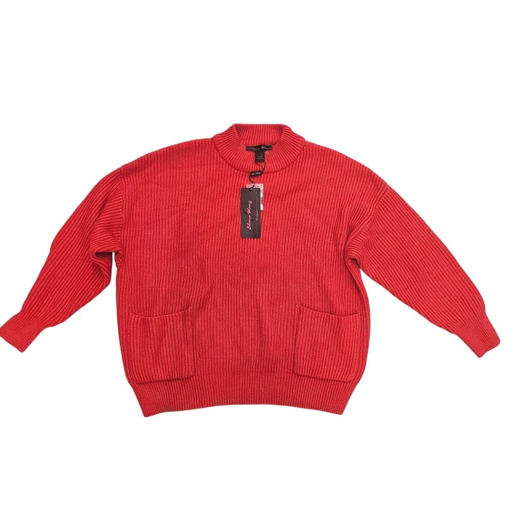 Elena Wang Womens Red Ribbed Knit Sweater With Pockets Size Large New With Tags